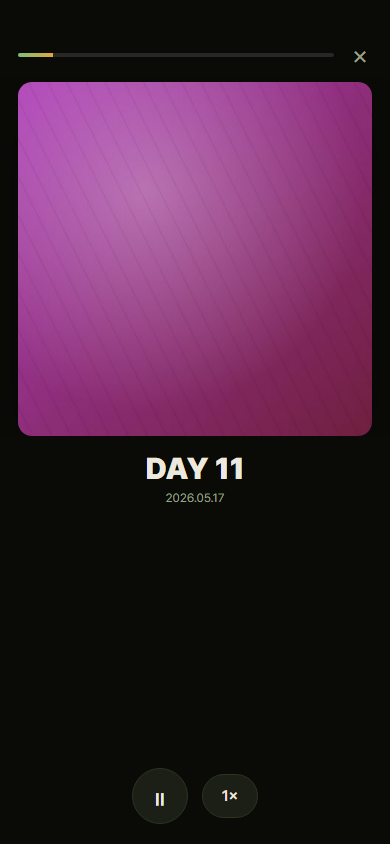 센스토리 여정 플레이어 — DAY 11 사진이 전체 화면으로 재생되고 하단에 재생·속도 컨트롤